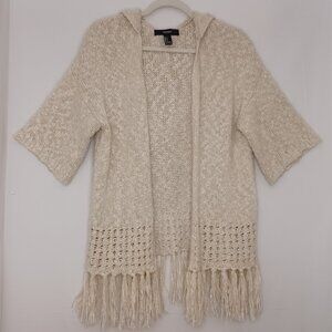 Women's Forever 21 Cream Color Hoodie Open Front Cardigan Crochet Style Fringe